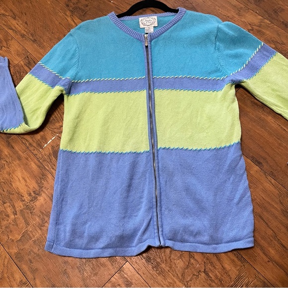 Stitches color block zip up knit sweater v neck long sleeve bright Sz small vntg - Picture 2 of 12